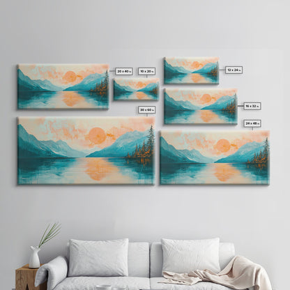 Sunset Lake, Kunst vom Lake Tahoe, gerahmter Leinwanddruck, rosa-orange Wandbild, horizontales Wandbild, Seestück, Küstendeko