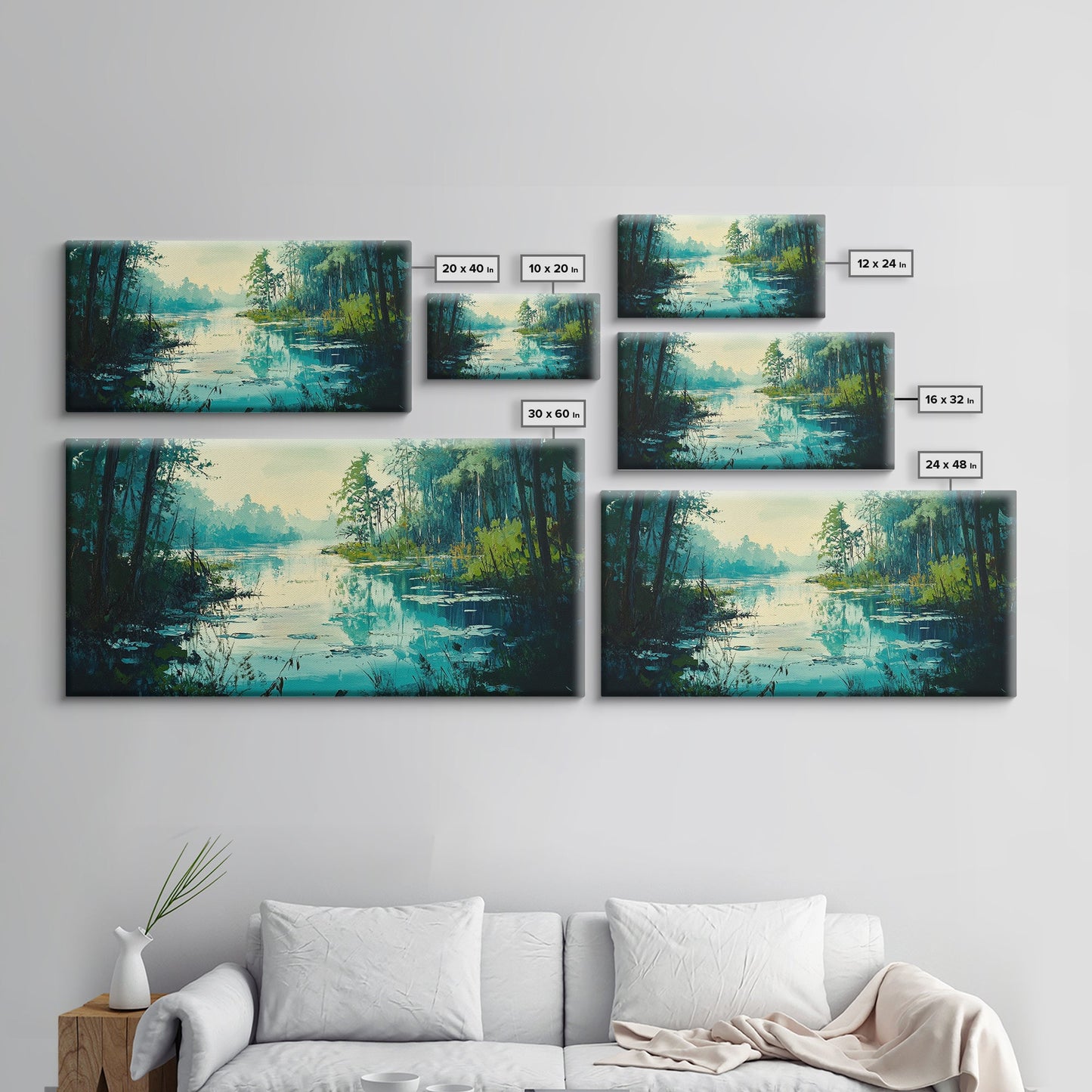 Tranquil lake, misty trees, landscape painting, extra wide art, wabi sabi art, minimalist art, framed canvas print, above couch art