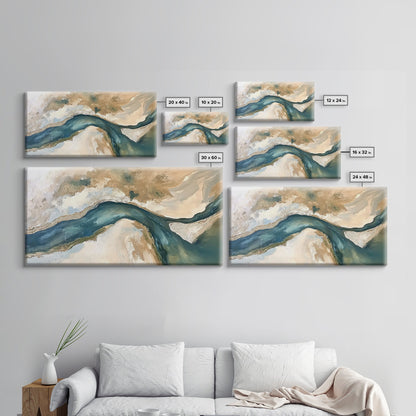 Abstrakter Fluss, neutrale Landschaft, Panoramabild, Leinwanddruck, Wabi-Sabi-Kunst, rustikale Wandkunst, Wandbild für über dem Bett, minimalistische Kunst