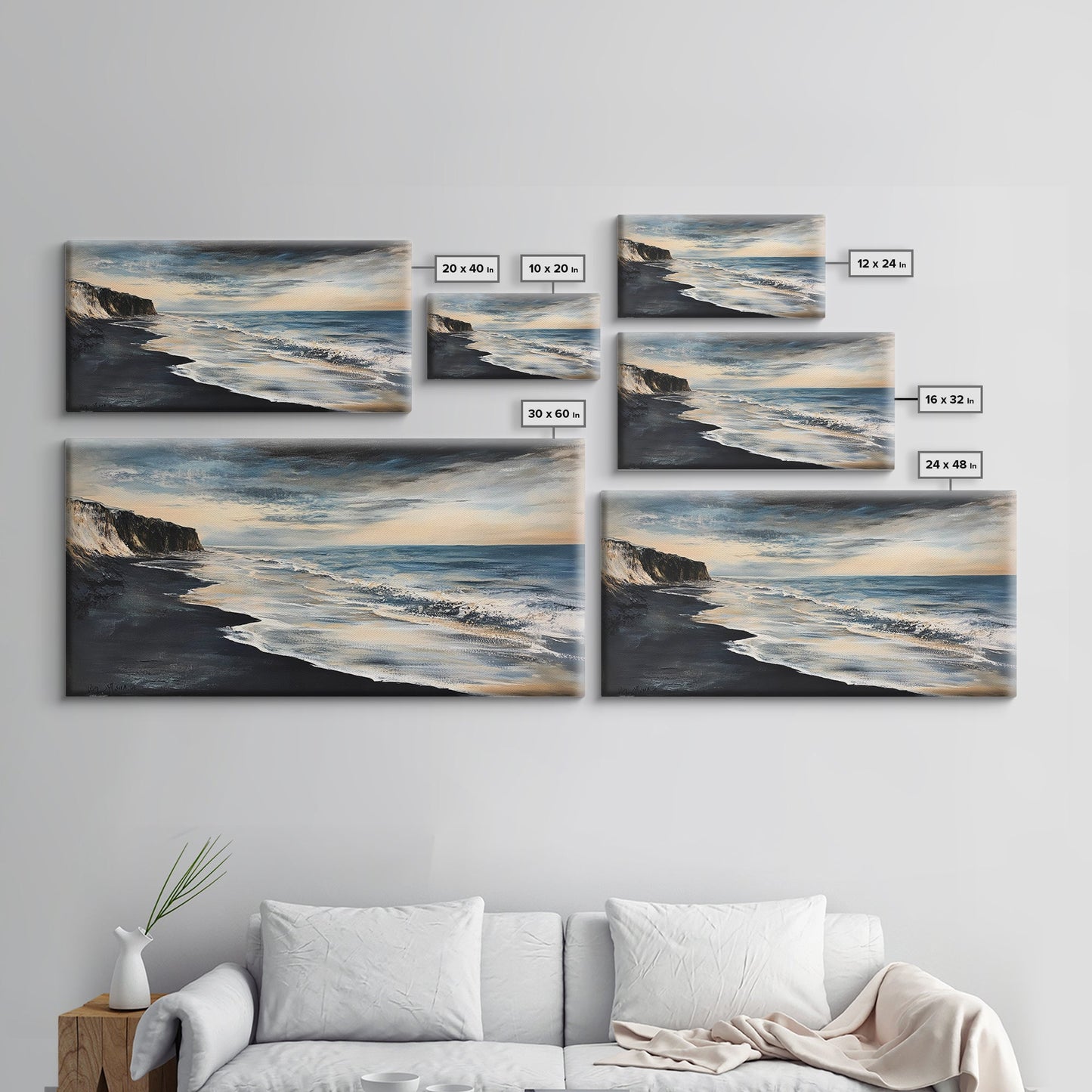 Moody beach, dark ocean, seascape painting, panoramic art, extra wide art, nautical painting, framed canvas print, above sofa art
