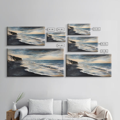Moody beach, dark ocean, seascape painting, panoramic art, extra wide art, nautical painting, framed canvas print, above sofa art