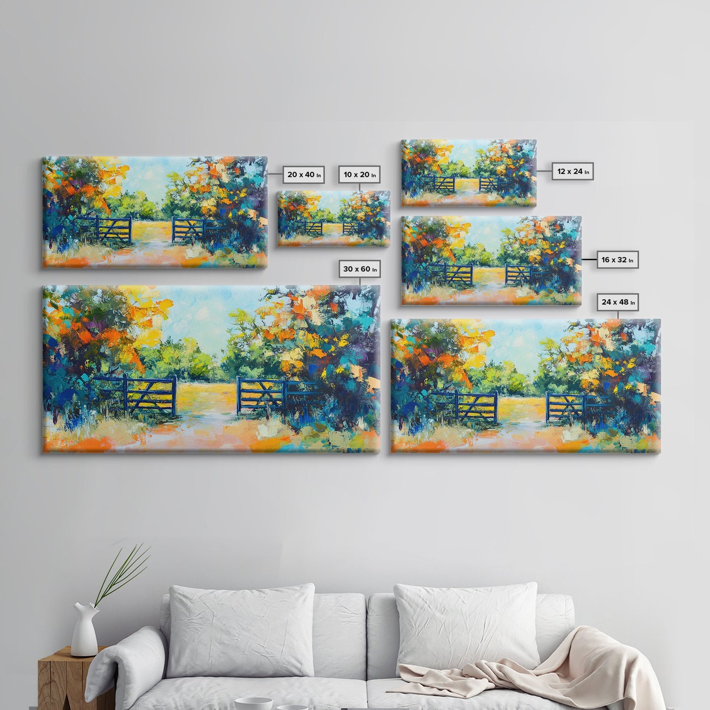 Open Gate, countryside painting, landscape art, framed canvas print, autumn wall art, farmhouse decor, rustic art, extra wide art