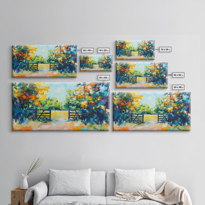 Open Gate, countryside painting, landscape art, framed canvas print, autumn wall art, farmhouse decor, rustic art, extra wide art