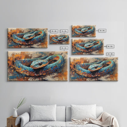 Blue Snake, abstract animal art, framed canvas print, moody art, wildlife painting, bold colors, rustic decor, modern wall art
