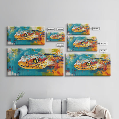 Colorful Snake, wildlife painting, framed canvas print, reptile wall art, bold abstract art, extra wide art, rustic decor