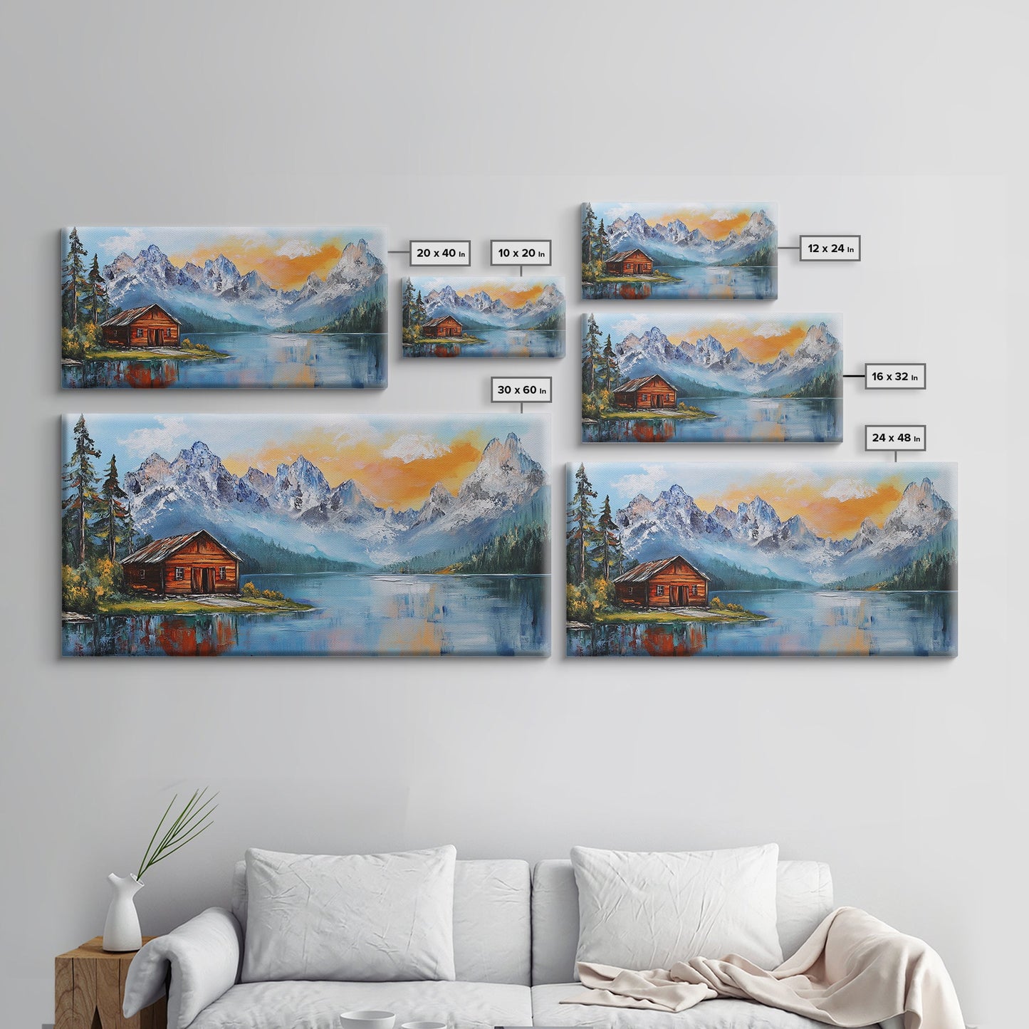 Mountain Cabin, Rustic Art, Lake Tahoe Art, Above Sofa Art, Landscape Painting, Bedroom Art, Framed Canvas Print, Farmhouse Art