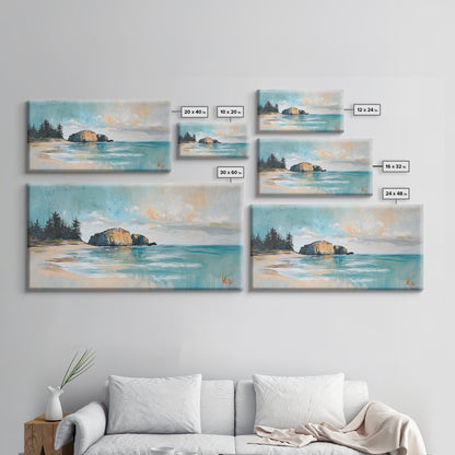 Ruhige Strandlandschaft, gerahmter Leinwanddruck, Küstenmalerei, Seestück, extra breites Kunstwerk, maritime Wandkunst, Schlafzimmerkunst