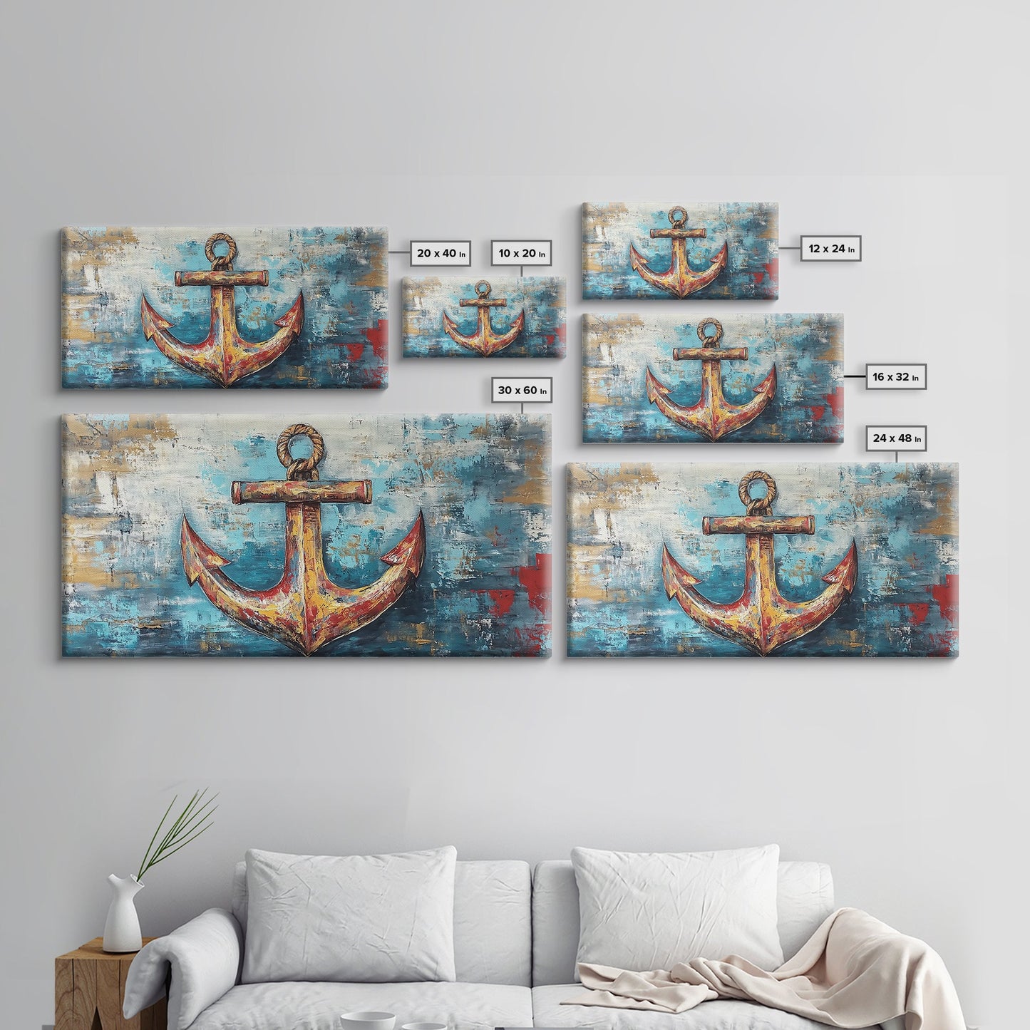 Nautischer Anker, Küstendeko, Rustikale Wandkunst, Extra breites Bild, Nautische Wandkunst, Horizontale Wandkunst, Gerahmter Leinwanddruck, Wohnzimmerkunst