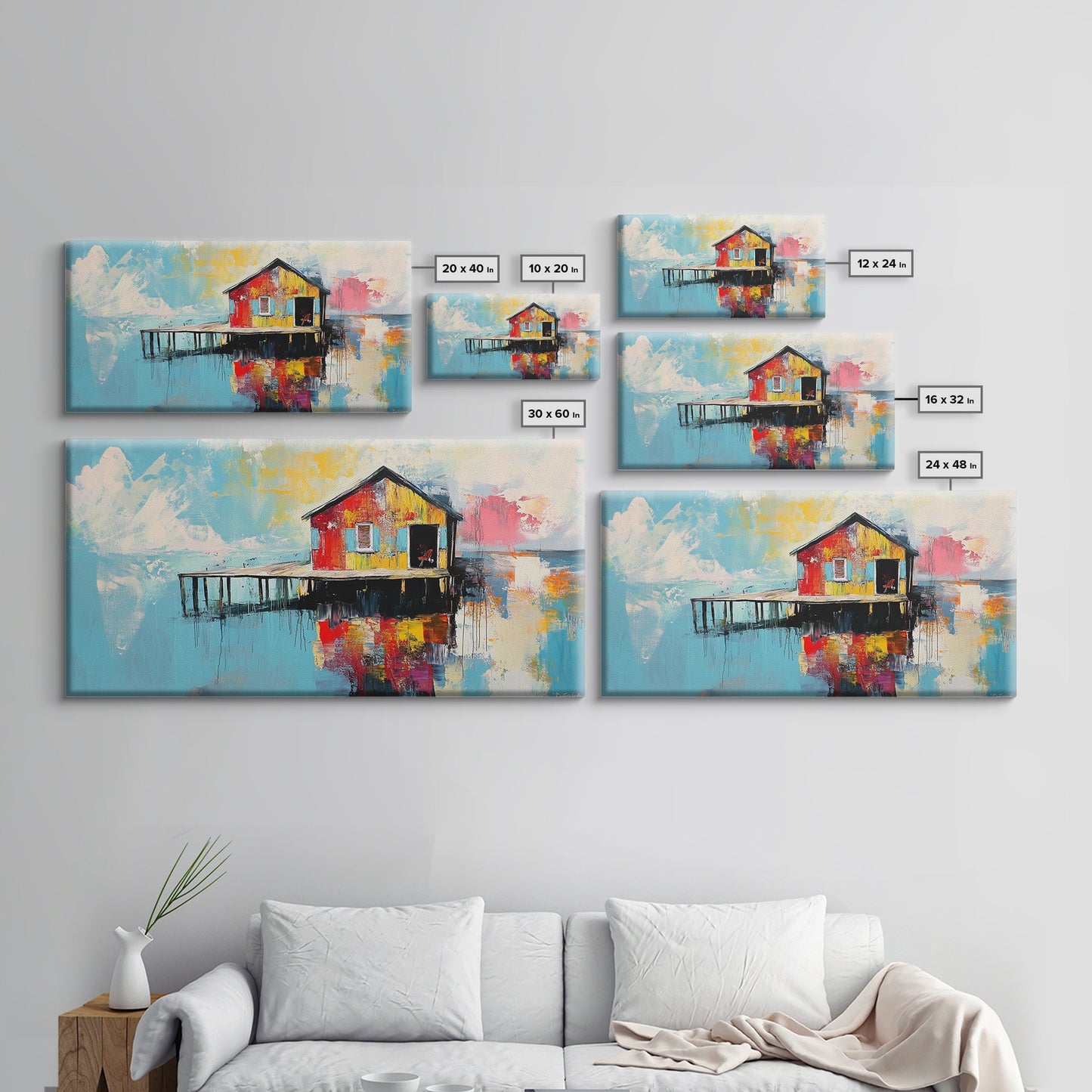 Colorful boathouse, lake reflection, coastal decor, seascape painting, nautical wall art, framed canvas print, extra wide art, gift idea