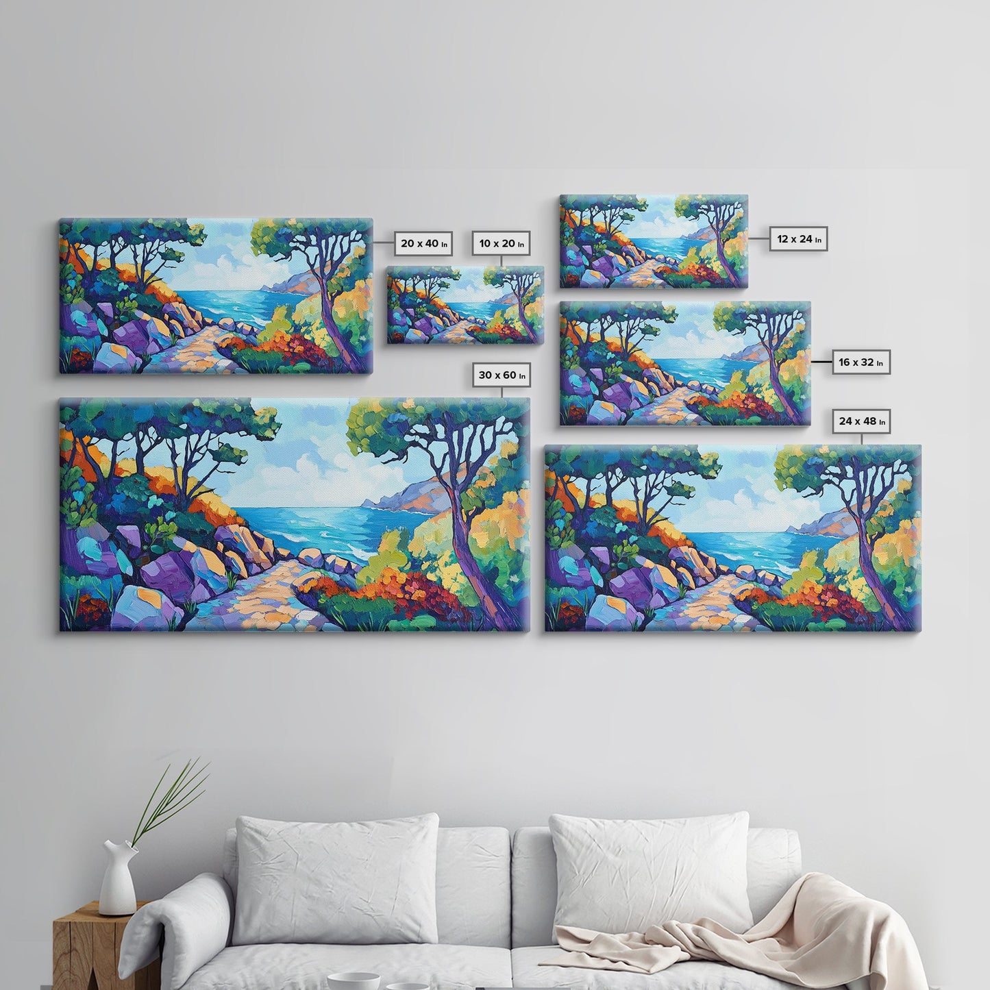 Coastal Pathway, bold colors, impressionist seascape, ocean view, vibrant painting, coastal wall art, Canvas Print, beach decor