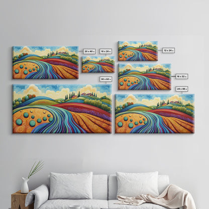 Whimsical Hills, rolling landscape, colorful fields, abstract nature, bold painting, extra wide art, Framed Canvas Print, rustic art