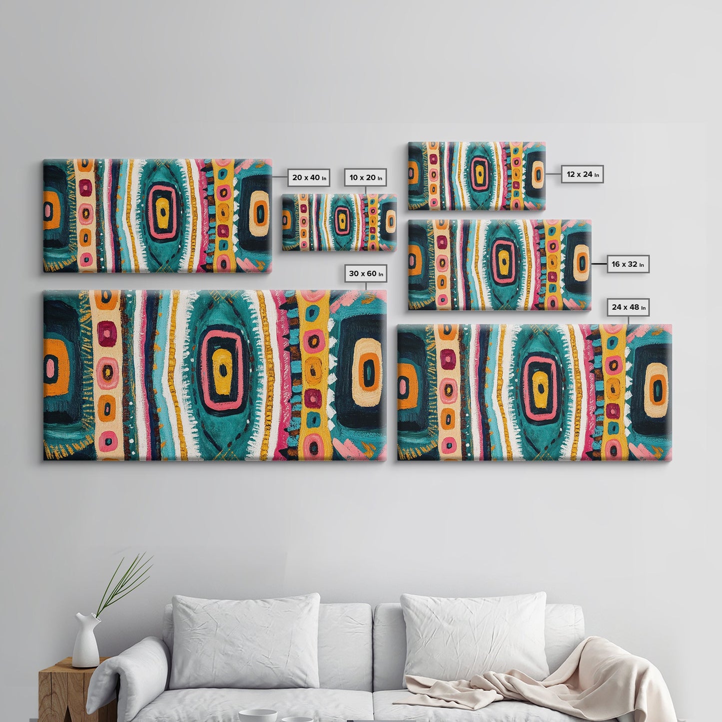 Geometric Abstract, bold colors, sacred geometry art, tribal design, vibrant patterns, extra wide art, Framed Canvas Print, boho art