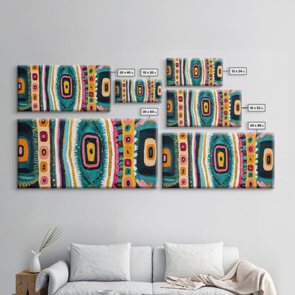 Geometric Abstract, bold colors, sacred geometry art, tribal design, vibrant patterns, extra wide art, Framed Canvas Print, boho art