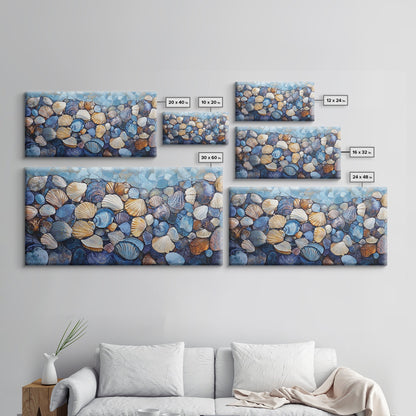 Seashell Beach Art, coastal wall art, oyster shell painting, blue and green wall art, framed canvas print, extra wide art