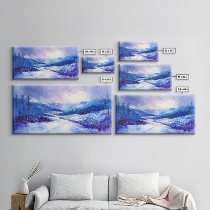 Snowy Mountain Art, Winter Landscape, Framed Canvas Print, Above Couch Art, Panoramic Painting, Mountain Painting
