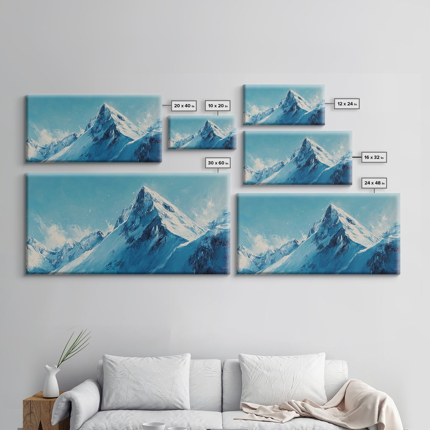 Berglandschaft-Malerei, Blau-Weiß-Kunst, Schneebedeckte Gipfel, Gerahmter Leinwanddruck, Rustikale Dekoration, Minimalistische Kunst, Extra breites Kunstwerk