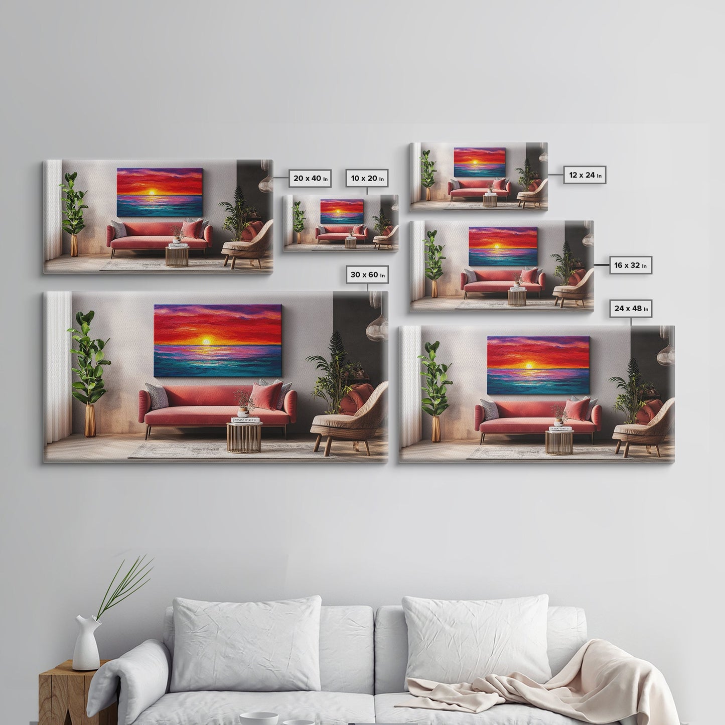 Rote Couch, Sonnenuntergangsgemälde, Kunst für über dem Sofa, Küstenwandkunst, Stranddeko, Panoramabild, gerahmter Leinwanddruck, Wohnzimmerkunst