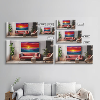 Rote Couch, Sonnenuntergangsgemälde, Kunst für über dem Sofa, Küstenwandkunst, Stranddeko, Panoramabild, gerahmter Leinwanddruck, Wohnzimmerkunst