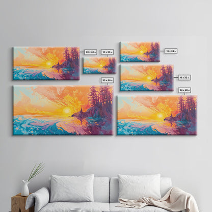 Feuriger Sonnenuntergang, Stimmungsvolle Kunst, Kunst vom Lake Tahoe, Farbenfrohe Landschaft, Wandkunst aus dem Südwesten, Panoramagemälde, Gerahmter Leinwanddruck, Naturkunst