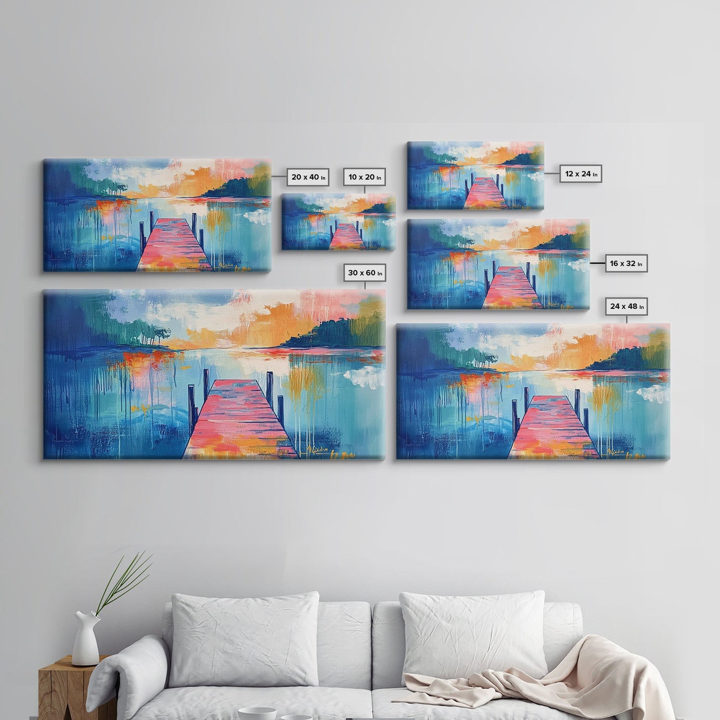 Lake Dock, sunset painting, nautical decor, coastal landscape art, wabi sabi art, extra wide art, rustic decor, Framed Canvas Print