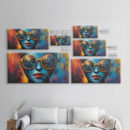 Bold Sunglasses Portrait, graffiti wall art, moody art, chicano art, abstract portrait, pop art decor, gift idea her, Canvas Print