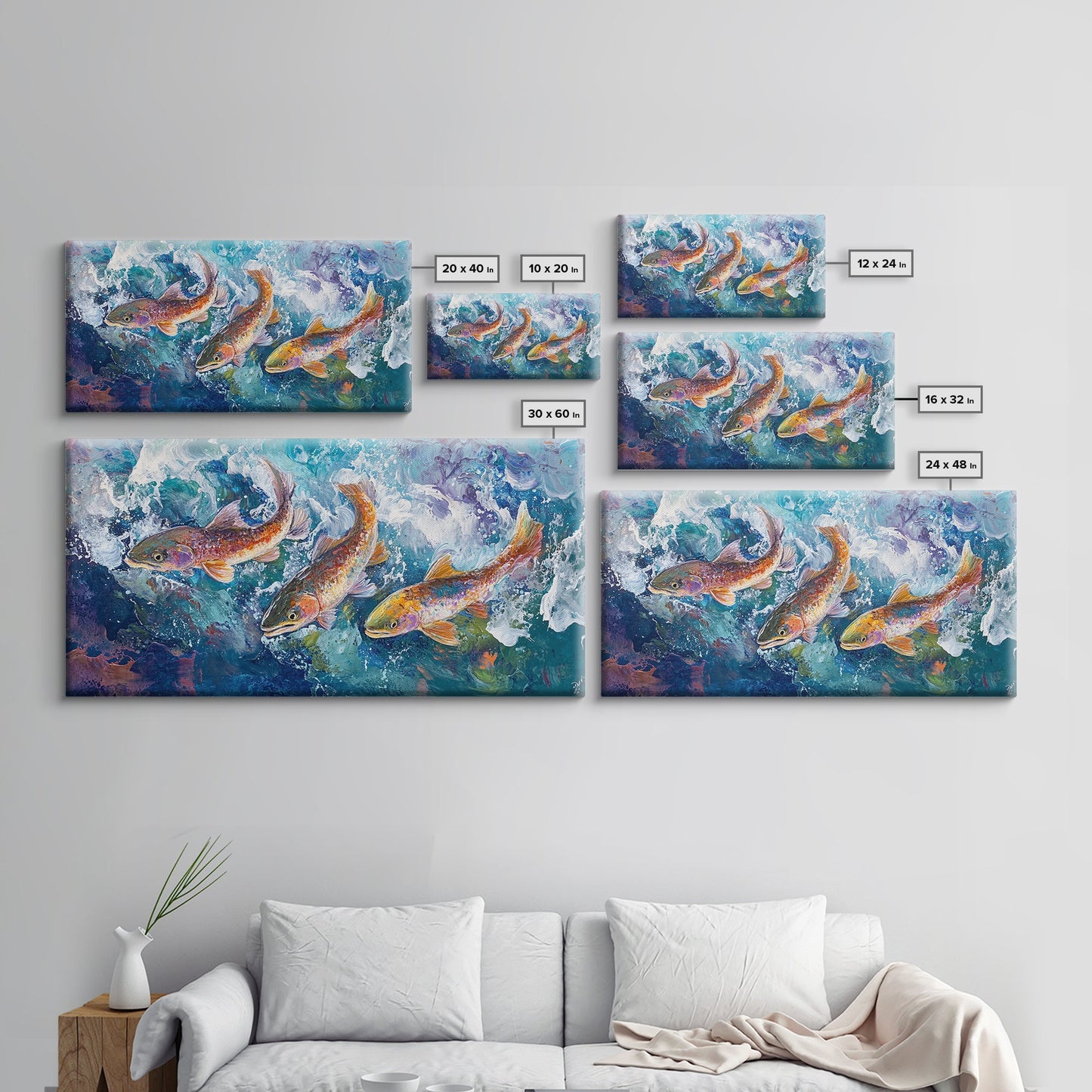 Koi-Fisch-Gemälde, gerahmter Leinwanddruck, Kunst zum Fliegenfischen, Forellenkunst, extra breites Gemälde, farbenfrohes Fischgemälde, Panoramabild
