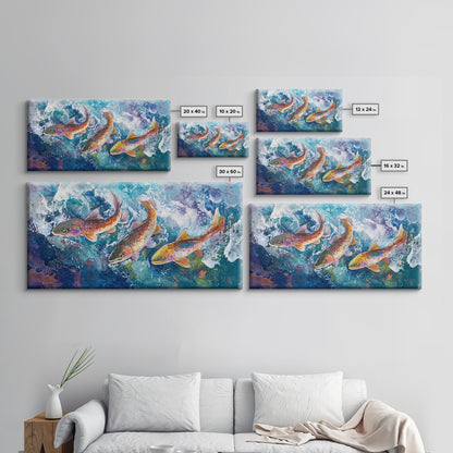 Koi-Fisch-Gemälde, gerahmter Leinwanddruck, Kunst zum Fliegenfischen, Forellenkunst, extra breites Gemälde, farbenfrohes Fischgemälde, Panoramabild