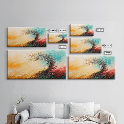 Windiger Herbst, gerahmter Leinwanddruck, Herbstwandbild, abstrakte Landschaft, extra breites Gemälde, Panoramabild, Herbstdekoration