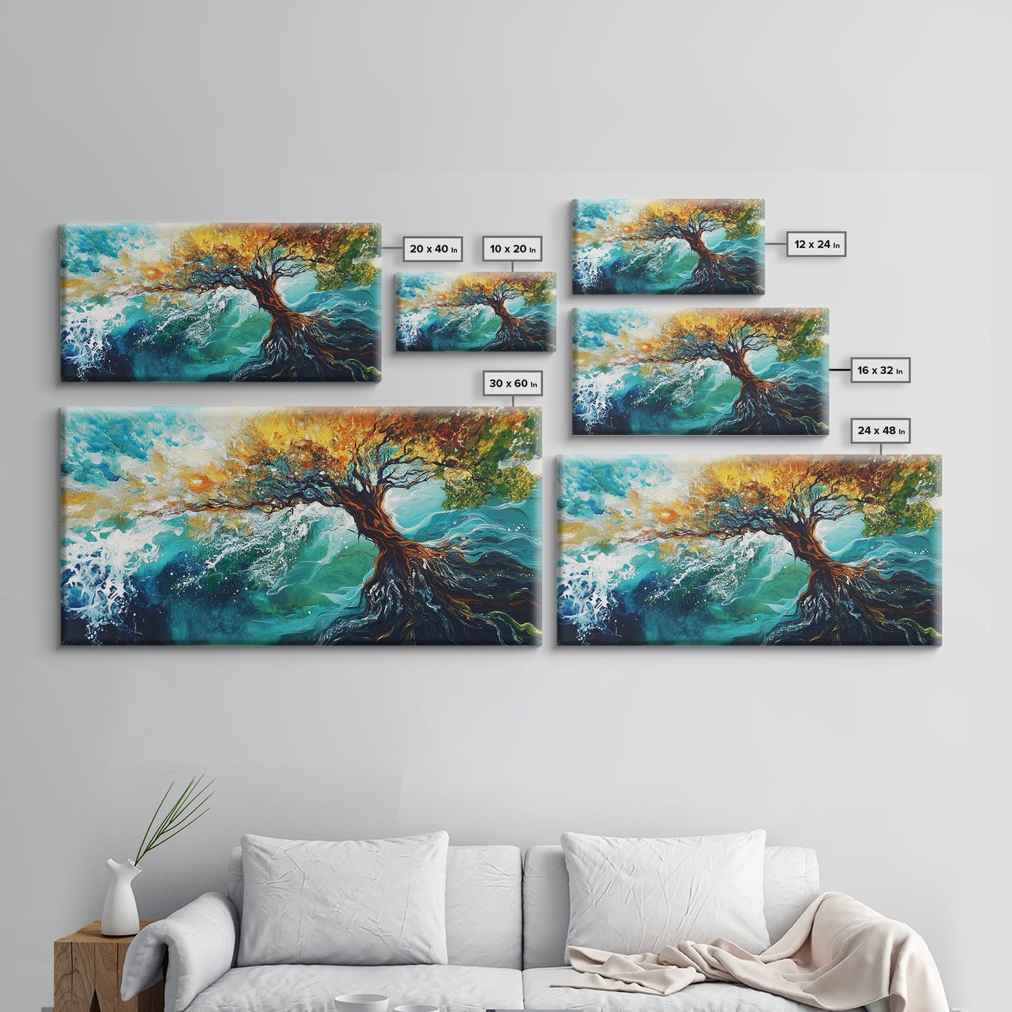 Tree in Waves, Canvas Print, coastal landscape art, wabi sabi art, extra wide painting, ocean painting, panoramic wall art