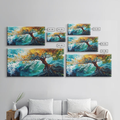 Tree in Waves, Canvas Print, coastal landscape art, wabi sabi art, extra wide painting, ocean painting, panoramic wall art