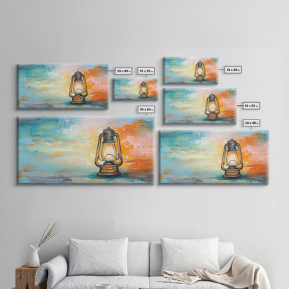 Lantern painting, rustic decor, farmhouse art, boho art, wabi sabi art, warm glow, extra wide art, framed canvas print, moody art