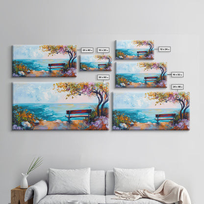 Bank, Meerblick, Herbstbaum, Leinwanddruck, Küstenlandschaftskunst, Seestückgemälde, Wandbild über dem Bett, extra breites Kunstwerk