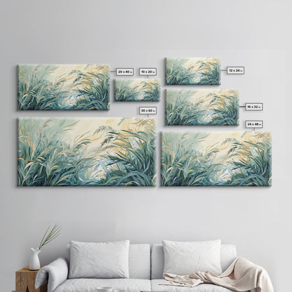 Green grass, warm light, Canvas Print, wabi sabi wall art, sage green wall art, botanical prints, extra wide art, minimalist art