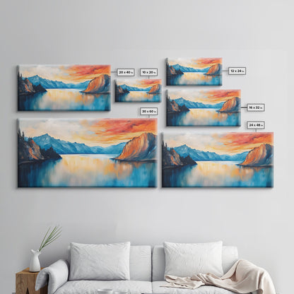 Mountain Lake Painting, Landscape Art, Lake Tahoe Art, Smoky Mountain Art, Rustic Decor, Sunset Wall Art, Extra Wide Art, Framed Canvas Print