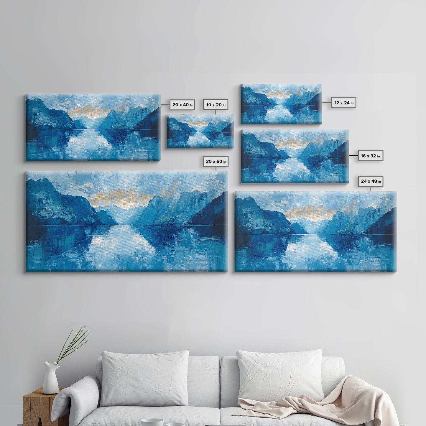 Fjord Painting, Blue and Green Wall Art, Lake Tahoe Art, Nautical Wall Art, Extra Wide Art, Panoramic Painting, Framed Canvas Print