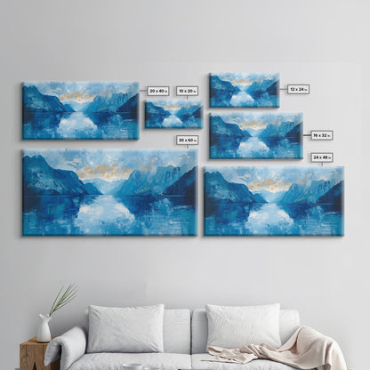 Fjord Painting, Blue and Green Wall Art, Lake Tahoe Art, Nautical Wall Art, Extra Wide Art, Panoramic Painting, Framed Canvas Print