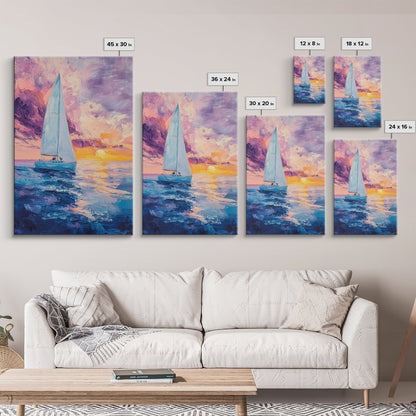 Sailboat Painting, Ocean Sunset Art, Nautical Wall Art, Coastal Landscape, Romantic Seascape, Living Room Art, Canvas Print