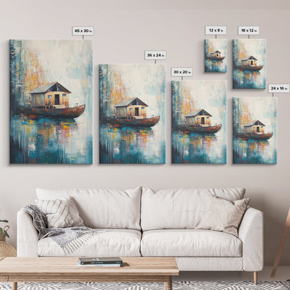 Floating House Painting, Lakefront Scene, Rustic Boat Art, Tranquil Landscape, Water Reflection Art, Framed Canvas Print