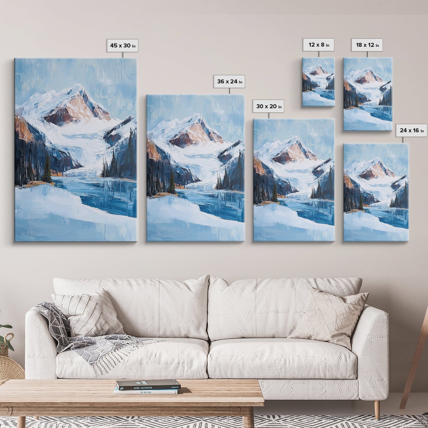 Snowy Mountain Lake, mountain painting, landscape painting, lake Tahoe art, extra wide art, panoramic art, Canvas Print