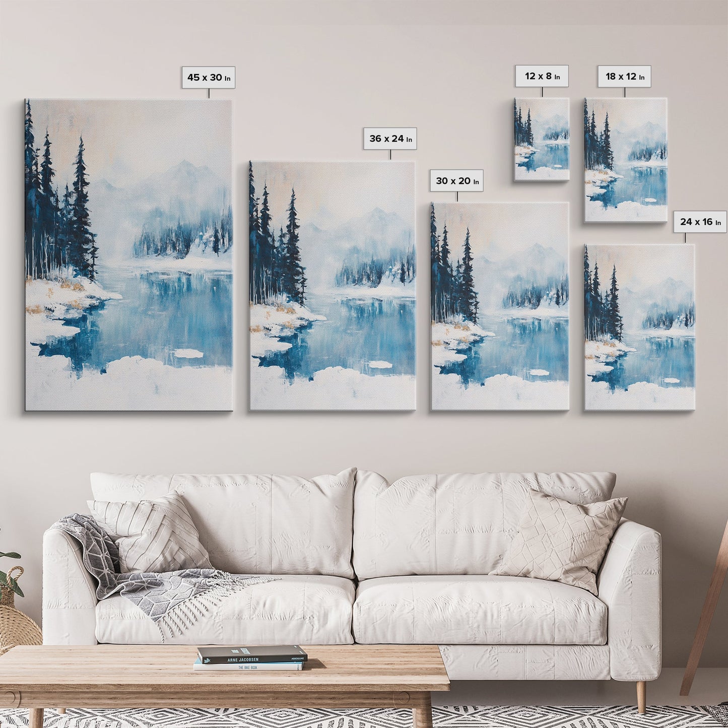 Snowy Mountain Scene, pine tree art, smoky mountain art, landscape painting, framed canvas print, rustic wall art, above sofa art