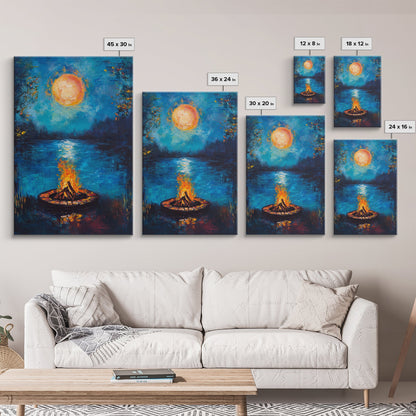 Campfire, Moonlight, Reflection, Framed Canvas Print, landscape painting, moody art, rustic wall art, blue and green wall art, bedroom art
