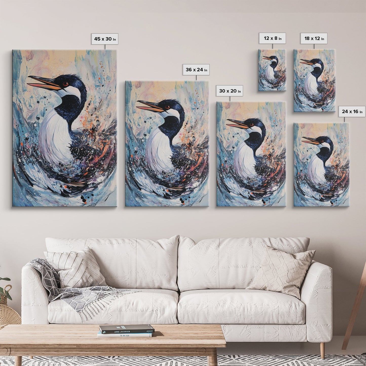 Abstract Loon, bird art, teal wall art, moody art, coastal decor, nautical painting, gift idea for her, Canvas Print, living room art