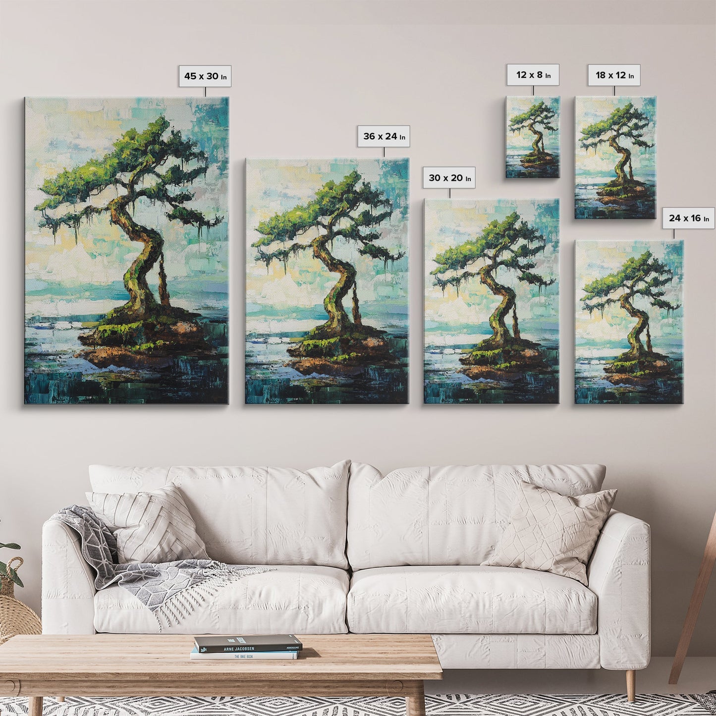 bonsai tree painting, zen wall art, coastal landscape art, blue and green wall art, wabi sabi art, Framed Canvas Print, botanical prints