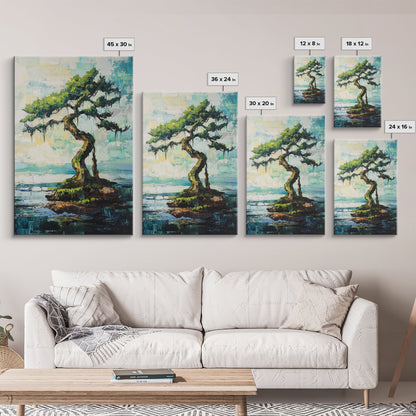 bonsai tree painting, zen wall art, coastal landscape art, blue and green wall art, wabi sabi art, Framed Canvas Print, botanical prints