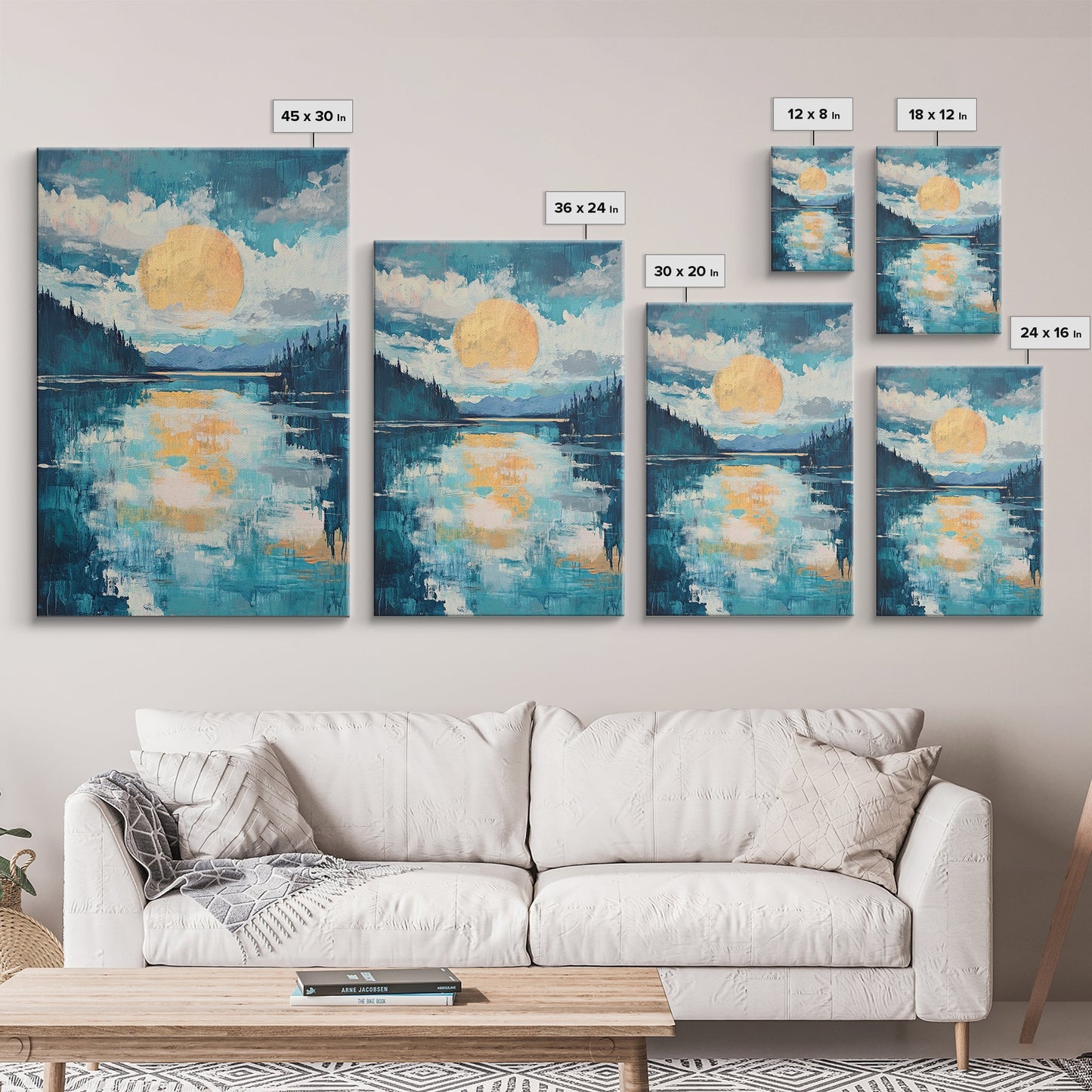 Moon Oil Painting, Smoky Mountain Art, Wabi Sabi Wall Art, Framed Canvas Print, Moody Art, Blue and Green Wall Art, Above Sofa Art