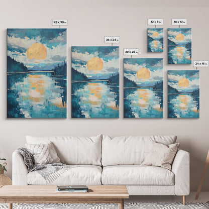 Moon Oil Painting, Smoky Mountain Art, Wabi Sabi Wall Art, Framed Canvas Print, Moody Art, Blue and Green Wall Art, Above Sofa Art