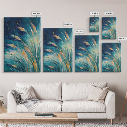 Wheat Fields Framed Canvas Print Rustic Farmhouse Wall Art, Deep Blue Abstract Painting, Autumn Home Decor, Cozy Country Living