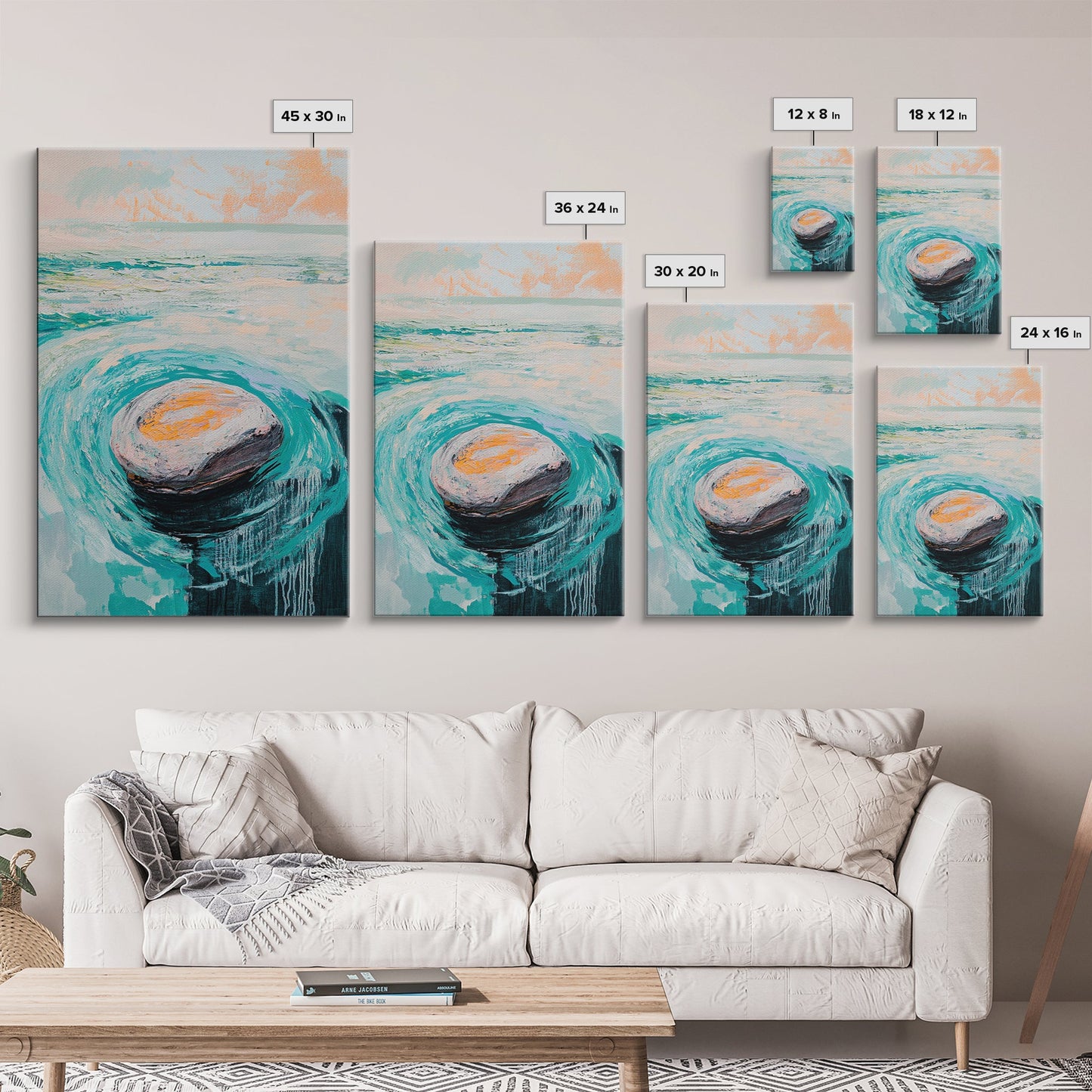 Ocean Rock Waves Canvas Print Coastal Wall Art, Beach House Decor, Abstract Seascape Painting, Nautical Art, Modern Minimalist Art