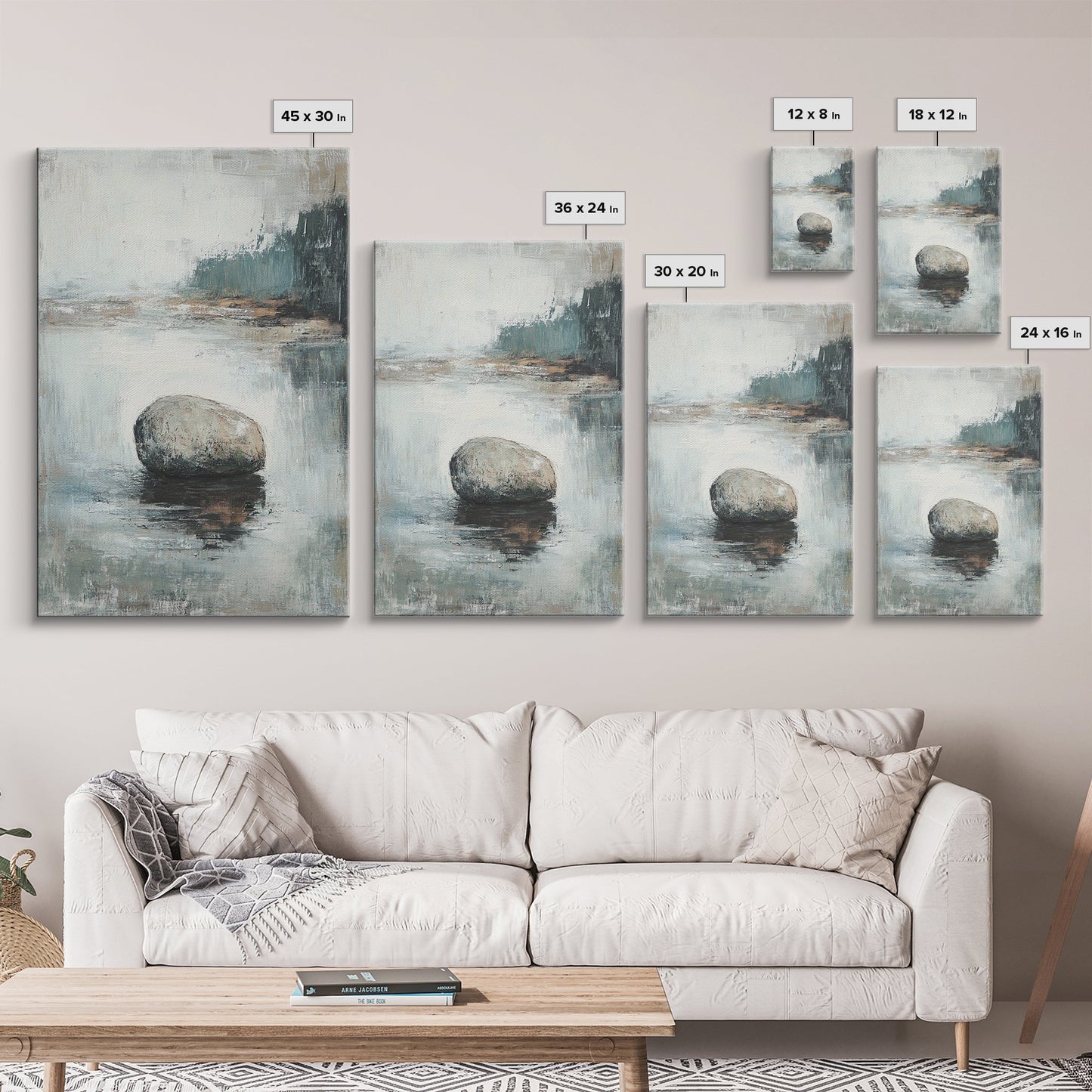 Serene River Rock Canvas Print Nature Inspired Wall Art, Minimalist Landscape Painting, Zen Decor, Neutral Tones, Living Room Artwork