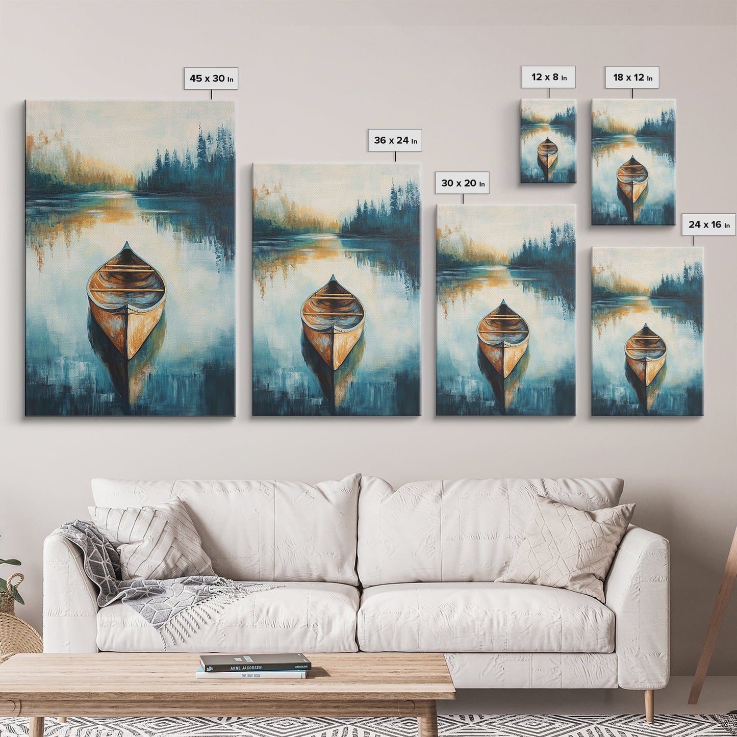 Still Water Canoe, Lake Tahoe Art, Nautical Painting, Rustic Wall Art, Moody Art, Extra Wide Art, Above Couch Art, Canvas Print